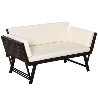 Outsunny Divano da Giardino 2 Posti Trasformabile in Lettino in PE Rattan, Bianco, 129x66x67cm