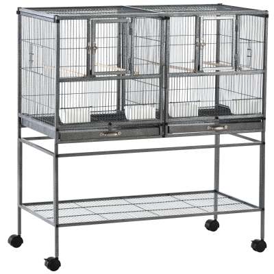 PawHut Doble Jaula Individual para Pájaros Pequeños Jaula Grande para Aves con 4 Ruedas Bandejas Múltiples Puertas 4 Comederos 4 Perchas 95x45,5x102cm