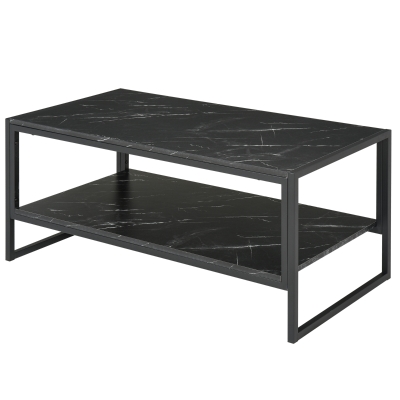 HOMCOM Two-Tier Laminate Marble Print Table Top Coffee Table w/ Metal Frame Foot Pads Elegant Modern Style 2 Shelves Home Display Storage Unit Black