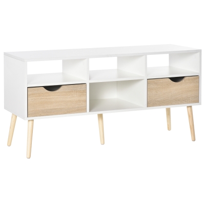 HOMCOM Mueble de TV Mesa de Salón Comedor Moderna con 2 Cajones y 4 Compartimentos Patas de Madera Dispositivo Anti-vuelco 117x39x57 cm Blanco y Madera Natural