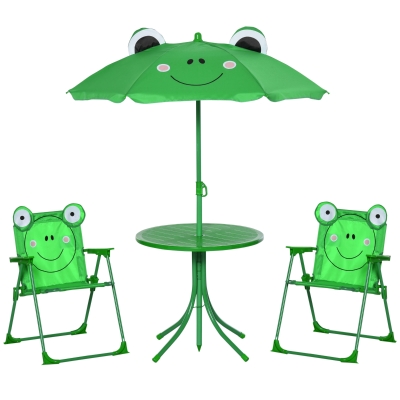 Outsunny Set de Mesa y Sillas Infantil de Jardín Conjunto de Picnic Plegable para Niños Juego de Mesa con Sombrilla Ajustable en Altura de 100-125 cm Diseño de Rana Verde