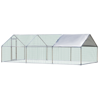 PawHut Gallinero de Exterior Grande 3,03x6x1,95 m Jaula de Metal Galvanizado para Gallinas Conejos Aves Corral con Cerradura y Cubierta de Tela Oxford Plata