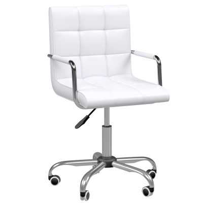 HOMCOM Mid Back PU Leather Home Office Desk Chair Swivel Computer Salon Stool with Arm, Wheels, Height Adjustable, White