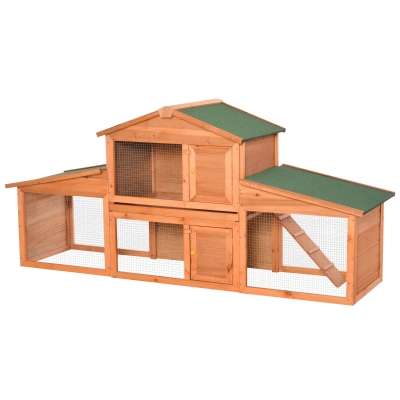 PawHut Conejera de Madera Grande de 2 Niveles con Rampa Puertas con Cerradura y Zona Abierta Protegida 215x63x100 cm