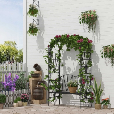 Outsunny Bancuta de Gradina 2 Locuri cu Bolta pentru Plante, Negru 115x59x203 cm