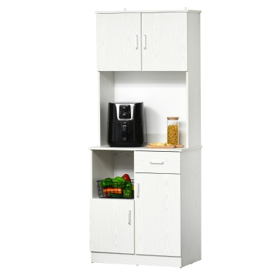 HOMCOM Mueble Auxiliar de Cocina Alacena Buffet con 3 Armarios de Puertas Balda Ajustable Cajón y Estante Abierto 71x41x178 cm Blanco
