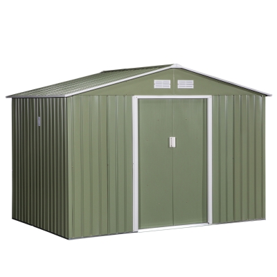 Outsunny Cobertizo de Jardín Exterior Caseta de Jardín Metálica para Almacenamiento de Herramientas con Base Incluida y 4 Ventanas 5,2 m² 277x195x192 cm Verde Claro