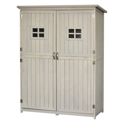 Outsunny Cobertizo de Madera Caseta de Jardín Exterior Armario Herramientas de Jardinería con Estantes Doble Puerta Ventanas y Techo Asfáltico 127,5x50x164 cm Gris