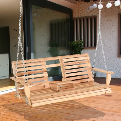 Outsunny 2 to 3 Seater Wood Swing Chair Swing Bench with Foldable Table, Cup Holders, Steel Chains Garden, Patio, Yard, Natural