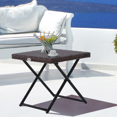 Outsunny Garden Small Folding Square Rattan Coffee Table Bistro Balcony Outdoor Wicker Weave Side Table 40H x 40L x 40Wcm Brown