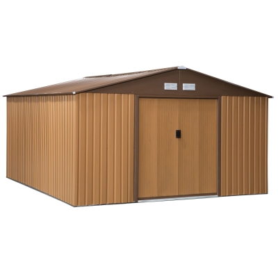 Outsunny Cobertizo de Jardín 340x386x200 cm 12,27 m² Caseta Exterior de Acero para Almacenamiento de Herramientas con Puertas Correderas y Ventilaciones Ocre Oscuro