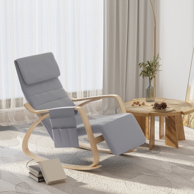 HOMCOM Wooden Rocking Lounge Chair, with Adjustable Footrest & Pocket - Grey