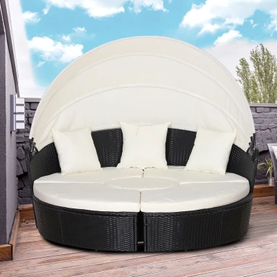 Outsunny 5 Piece Cushioned Outdoor Plastic Rattan Wicker Round Sofa Bed Coffee Table Sectional Patio Conversation Furniture Set - Black