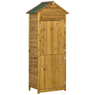 Outsunny Armario de Jardín de Madera 79x49x190 cm 0,28 m² Cobertizo para Almacenaje de Herramientas con Techo Asfáltico 3 Estantes y 2 Puertas con Cerrojo para Exterior Terraza Natural