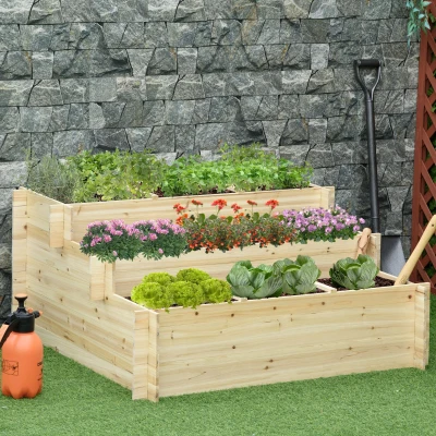 Patul de gradina inaltat Outsunny Cutie de flori cu 3 niveluri cu 9 grile de crestere si tesatura netesuta pentru legume, flori, verdeata, Utilizare in interior si la exterior