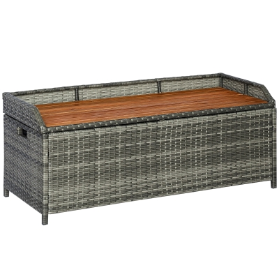 Outsunny Banc coffre de jardin en résine tressée PE avec assise en bois naturel dim. 121L x 50l x 50H cm - gris