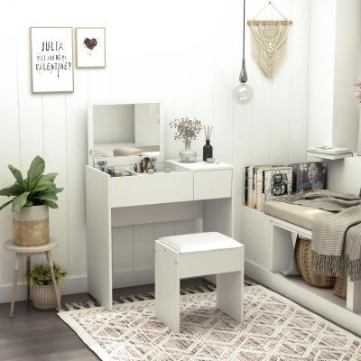 HOMCOM Makeup Desk Set with Mirror & Stool, White