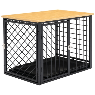 PawHut Steel Dog Crate Small Medium Dog Kennel Two Doors Tray Wooden Top Pet Cage 76L x 48W x 53H cm, Black