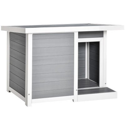 PawHut Niche d'extérieur avec porte et terrasse, niche pour petits et moyens chiens, toit ouvrant et fenêtre, gris