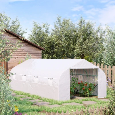 Outsunny Estufa Tipo Túnel de Jardim 600x300x200cm para Cultivo de Plantas Verduras com 8 Janelas e Porta Enroláveis com Zíper Aço Branco