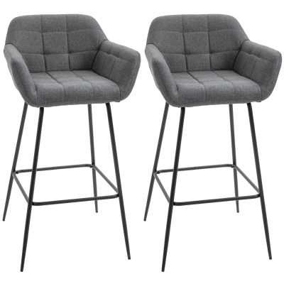 HOMCOM Lot de 2 tabourets de bar chaises hautes en tissu et métal noir avec repose-pieds, accoudoirs hauteur 80 cm - gris