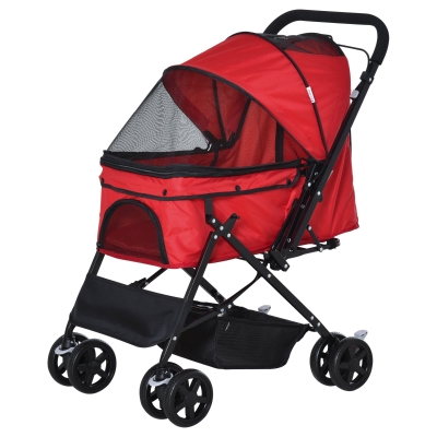 PawHut Cochecito para Mascotas Plegable Carrito para Perros Gatos con Toldo Ajustable Cesta de Almacenaje Correas de Seguridad y Frenos Tela Oxford 600D Acero 76,5x52x95 cm Rojo