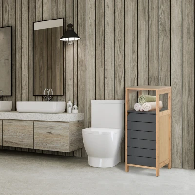 HOMCOM Bathroom Cabinet, Modern Floor Standing Bath Storage Unit with Adjustable Shelf, Slatted Door, Grey