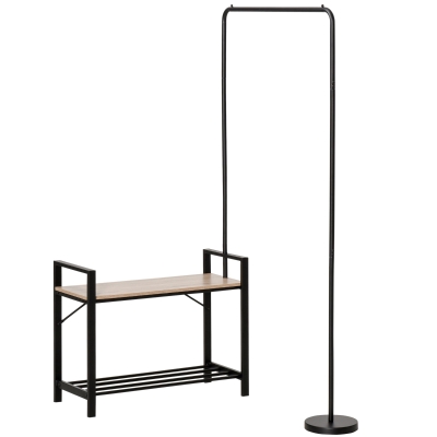 HOMCOM Perchero Burro con Zapatero y Banco 3 en 1 Perchero de Pie Giratorio 360° con Estante Mueble Recibidor Múltiples Formas para Entrada 159x30x158 cm Natural y Negro