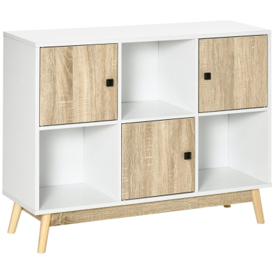 HOMCOM Meuble de rangement bibliothèque avec 6 compartiments - panneaux particules blanc et aspect bois - pieds effilés - dim. 96L x 30P x 75H cm