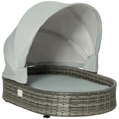 PawHut Wicker Pet Bed with Canopy Outdoor Dog Basket with Cushion for Small Medium Dogs, Grey