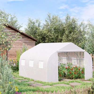 Outsunny Estufa Tipo Túnel 350x300x200 cm com Porta Enrolável 6 Janelas Estufa para Cultivo de Plantas Verduras Branco