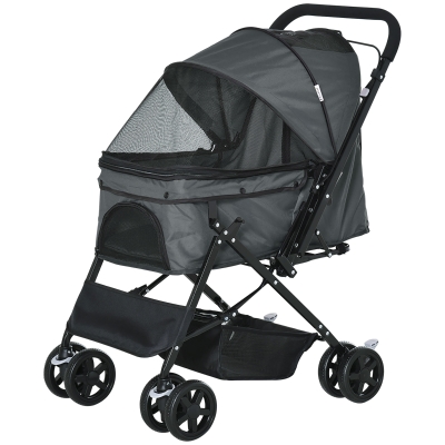 PawHut Cochecito para Mascotas Plegable Carrito para Perros Gatos con Toldo Ajustable Cesta de Almacenaje Correas de Seguridad y Frenos Tela Oxford 600D Acero 76,5x52x95 cm Gris