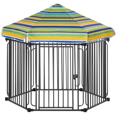 PawHut Parque para Mascotas 6 Vallas de Metal 61x76 cm Corrales Desmontables para Perros con Techo Hexagonal y Puerta con Cierre de Seguridad 122x105x119 cm Negro y Colorido