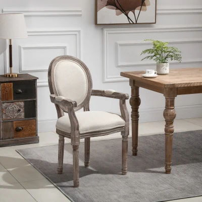 HOMCOM Dining Chair Vintage Round Back Solid Wood Frame for Living Room, Kitchen Upholstered Seat, Cream