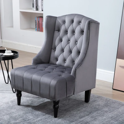 HOMCOM Velvet Fabric Tufted French Style Tall Wingback Accent Chair Home Décor with Extra Wide Seat, Wooden Legs, Grey
