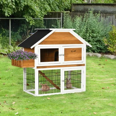 PawHut 2 Tier Wooden Rabbit Hutch, Guinea Pig Cage, Bunny Run, Small Animal House for Indoor Outdoor with Plant Box, Slide-out Tray, Ramp, 123 x 58 x 106cm, Natural
