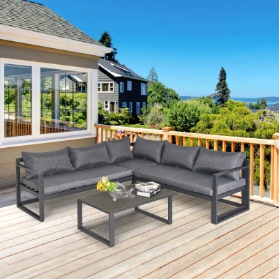 Outsunny 3 PCs Patio Furniture Set for 5 People Converts into Lounge 4-Level Backrest with Coffee Table Cushion Aluminium