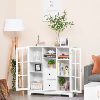 HOMCOM Modern Kitchen Sideboard Storage Cabinet with 2 Drawer and Glass Doors for Dining Room, Living Room