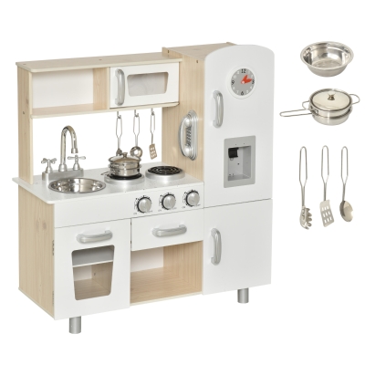 HOMCOM Kinderküche mit Zubehör, Traumküche, Spielküche, Spielzeugküche für 3 Jahre+, Kiefer, MDF, Weiß, 74 x 30 x 81 cm