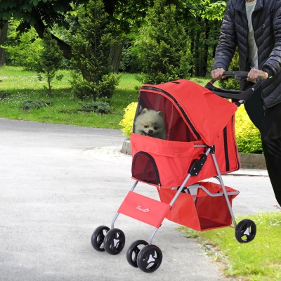 PawHut Carrinho para Animais de Estimação Dobrável para Cães com Capô Ajustável Cesta de Armazenamento e Rodas com Freio Tecido Oxford Estrutura de Aço 74x46x94cm Vermelho