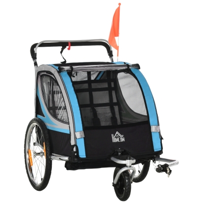 HOMCOM Remorque vélo pour enfant 2 en 1 convertible jogger poussette capacité 26,4 kg avec réflecteurs et drapeau - 2 places - bleu