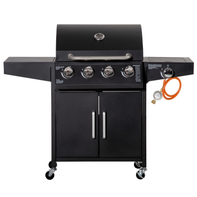 Outsunny Gasgrill BBQ mit 3 Brennern je 3 kw mobiler Grillwagen mit 4 Rädern Grillnetz Seitentischen Druckminderer Schläuche Schrank Multifunktion Stahl Schwarz 132,4cm x 55cm x 109cm