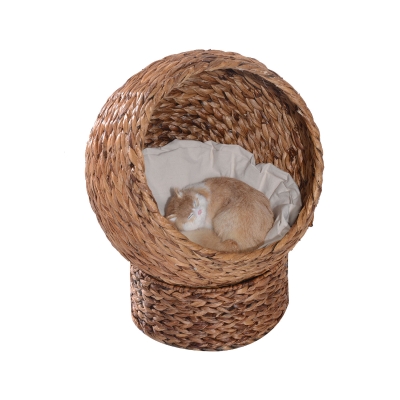 PawHut Rattan Katzenkorb Katzenhöhle Katzenhütte Katzenbett mit Kissen Haustierbett Wasserhyazinthe Hellbraun 50 x 42 x 60 cm