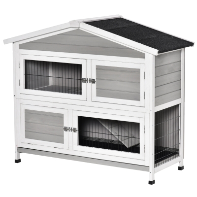 PawHut Kleintierstall 2 Ebenen Design Kleintierkäfig Meerschweinchenstall Kleintier mit 1 rutschfeste Rampe Tannenholz Metall Hellgrau+Weiß+Schwarz 121,5 x 57 x 104,5 cm