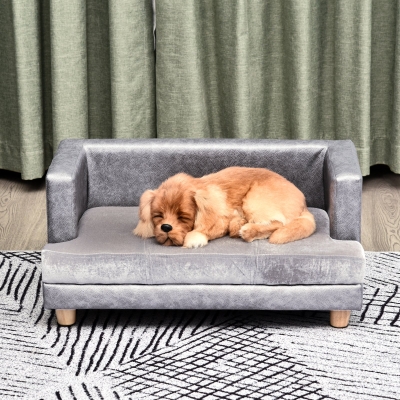 PawHut Sofa dla psa, sofa dla psa, legowisko dla psa, mata dla psa, sztuczna skóra, krótki pluszowy, szary