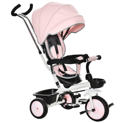 HOMCOM Triciclo per Bambini 2 in 1 Passeggino Reversibile con Maniglione, Tettuccio e Barra Rimovibili Poggiapiedi Pieghevole, Età 1-5 Anni - Rosa