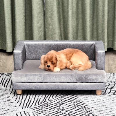 PawHut hondenbank, huisdierbank, hondenbed, hondenmat, kunstleer, kort pluche, grijs, 68 x 41 x 32 cm hondenbank huisdierbank hondenbed hondenmand hondenmat woonkamer PU-leer kort pluche grijs | Aosom.de