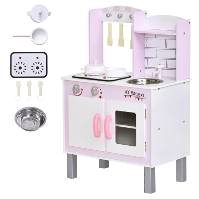 HOMCOM Kinderküche mit Zubehör Herde Spielzeugküche Spielküche Kinderküche Holz 3 Jahre+ Spielzeugküche für Kinder Kieferbeine+MDF Rosa 55 x 30 x 80 cm