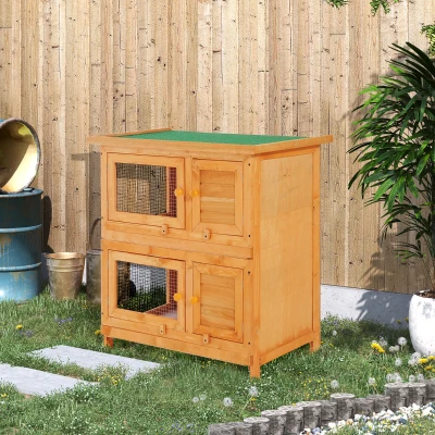 PawHut dwergkonijnenhok dubbellaags 90cm x 45cm x 90cm weerbestendig dennenhout