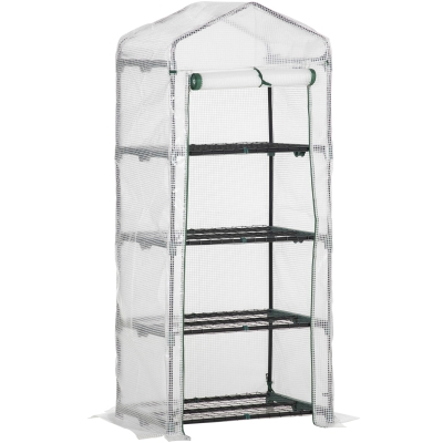 Outsunny 4-Tier Portable Greenhouse Plant Shed with PE Cover Roll-up Door, White